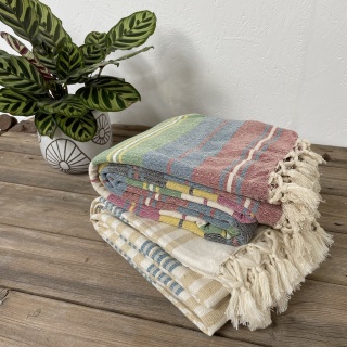 100% cotton handloomed multi-coloured bedspread blue and neutral tone throw 230cm x 180cm